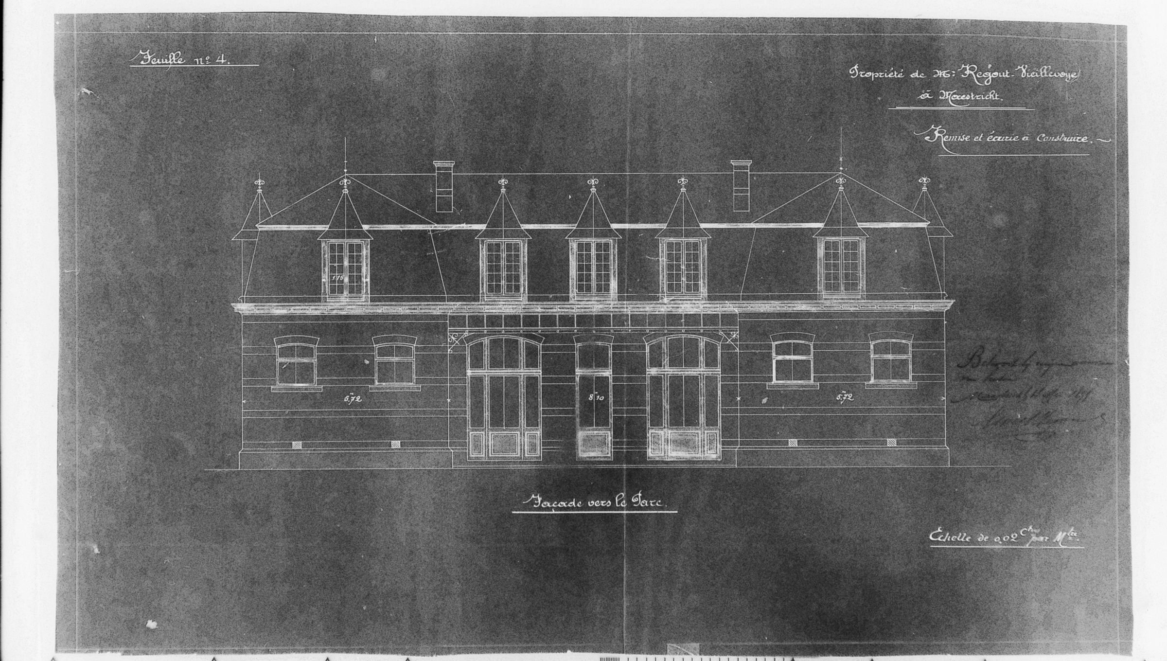 Bouwtekening van de parkgevel van het koetshuis