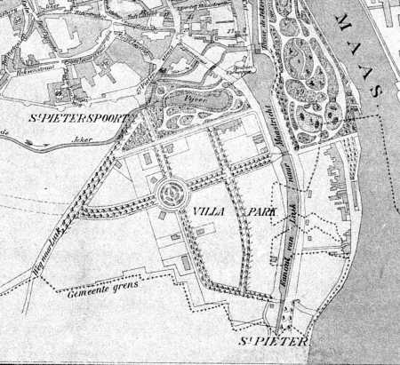 Historische kaart met het Villapark, het ronde plein en de Maas. Datering onbekend.