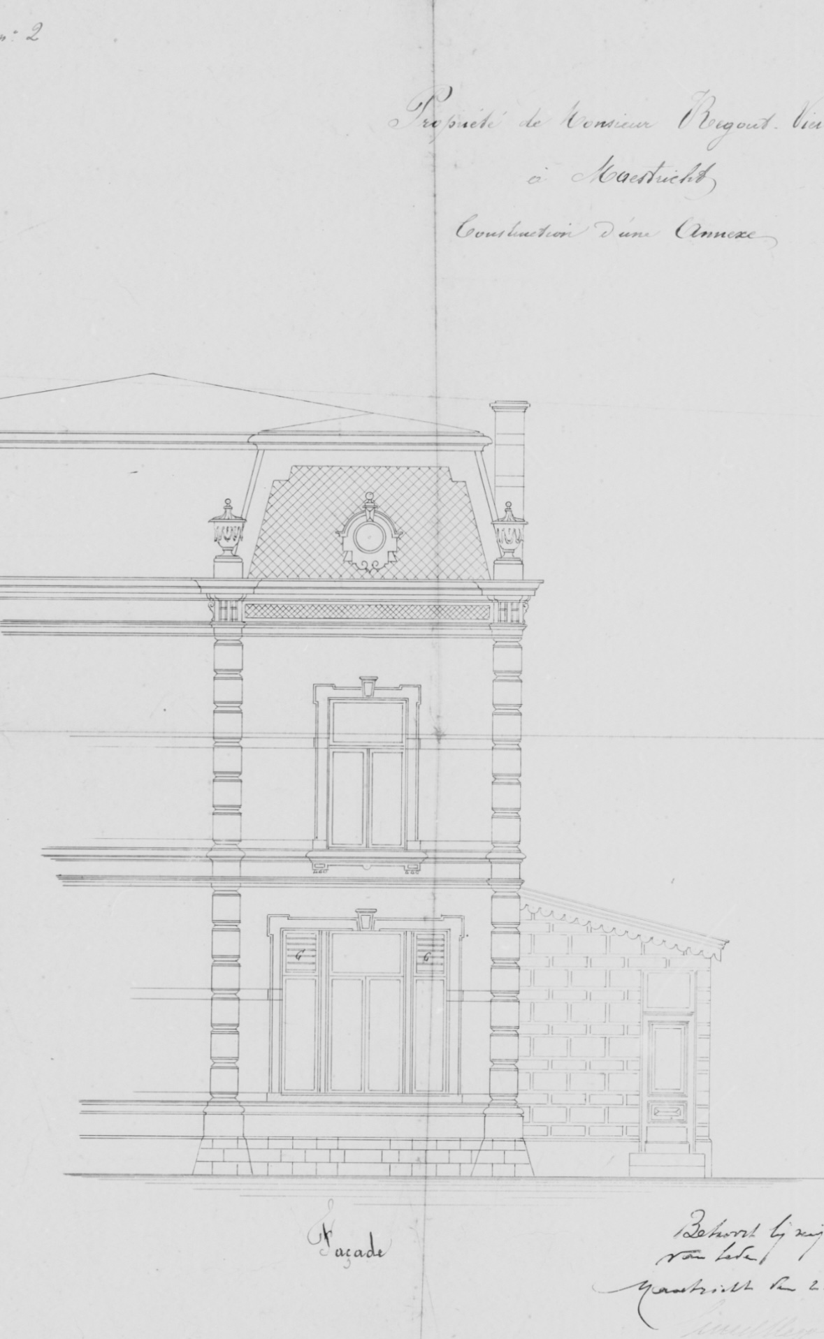 Geveltekening met het opschrift ‘Construction d’une Annexe’: ontwerp voor een aanbouw bij de villa.