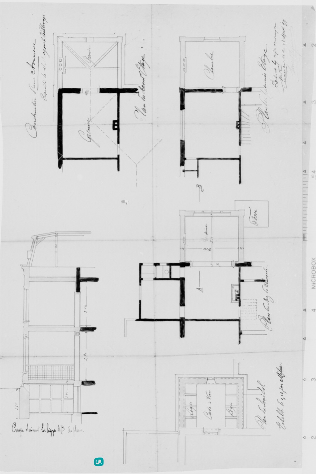 Plattegronden en doorsnede van de annexe. De tekening toont de indeling over meerdere niveaus.