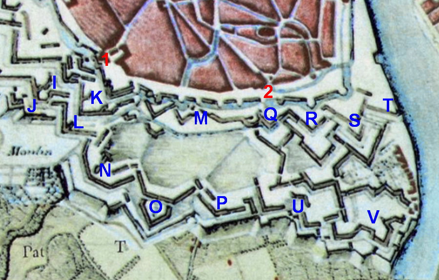 Detail van de Tranchotkaart met de zuidelijke stadsmuur, bastions, grachten en De Kommen tussen de Jeker en de Maas